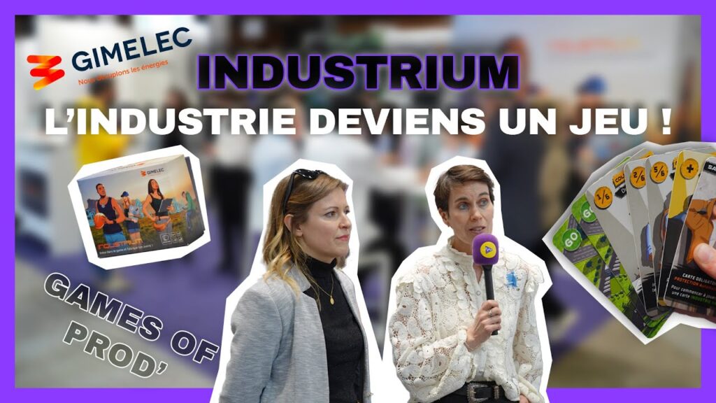 Présentation du jeu de cartes Industrium sur un salon, avec Virginie et Céline expliquant le concept aux visiteurs