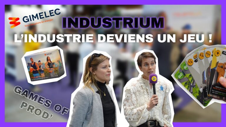 Présentation du jeu de cartes Industrium sur un salon, avec Virginie et Céline expliquant le concept aux visiteurs